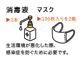 消毒液1本 マスク100枚入りを2箱 生活環境が悪化した際、感染症を防ぐために必要です。