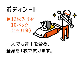 ボディシート12枚入りを10パック（１か月分）一人でも背中を含め、全身を1枚で拭けます。