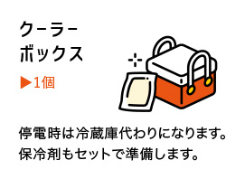 クーラー ボックス  1個 停電時は冷蔵庫代わりになります。保冷剤もセットで準備します。