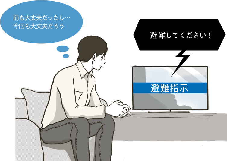 テレビの避難指示を聞く男性のイラスト「前も大丈夫だったし…今回も大丈夫だろう」