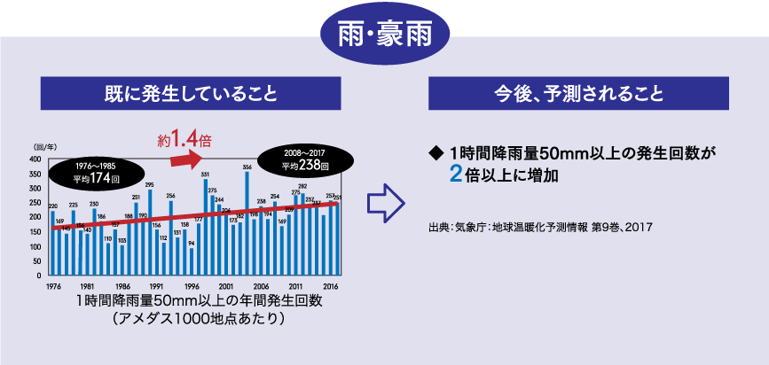 将来の気温上昇と降雨量増加の予測「降雨」