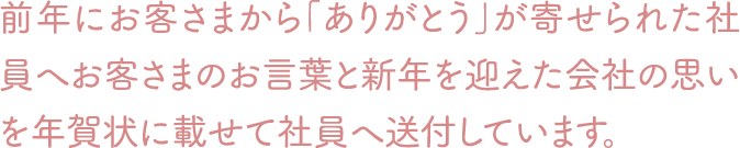 前年にお客さまから「ありがとう」が寄せられた社員へお客さまのお言葉と新年を迎えた会社の思いを年賀状に載せて社員の自宅へ送付しています。