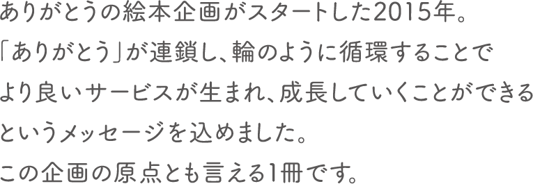 ありがとうの絵本企画がスタートした2015年。「ありがとう」が連鎖し、輪のように循環することでより良いサービスが生まれ、成長していくことができるというメッセージを込めました。この企画の原点とも言える１冊です。