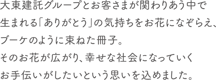 大東建託グループとお客さまが関わりあう中で生まれる「ありがとう」の気持ちをお花になぞらえ、ブーケのように束ねた冊子。そのお花が広がり、幸せな社会になっていくお手伝いがしたいという思いを込めました。