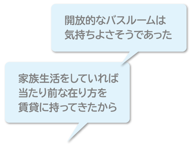 「開放的なバスルームは気持ちよさそうであった」「家族生活をしていれば当り前な在り方を賃貸に持ってきたから」