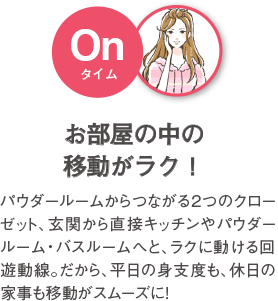 お部屋の中の移動がラク！ ベッドスペースからパウダールーム、キッチンからリビング、行きたい場所へさっと動ける回遊動線。だから、平日の身支度も、休日の家事もスムーズに！