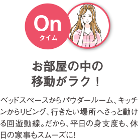 お部屋の中の移動がラク！ ベッドスペースからパウダールーム、キッチンからリビング、行きたい場所へさっと動ける回遊動線。だから、平日の身支度も、休日の家事もスムーズに！